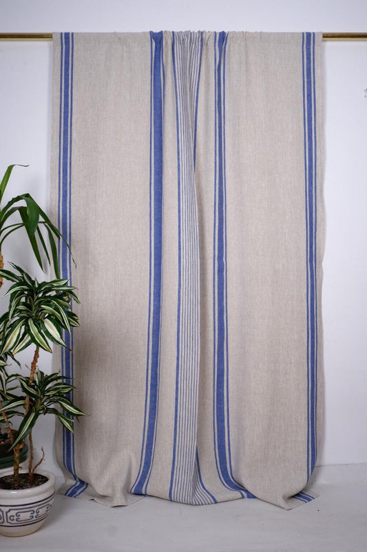 Curtains 100% Linen striped PREWASHED  - window panel. kitchen Living room farmhouse curtains. Grain Sack flax blue black stripes
