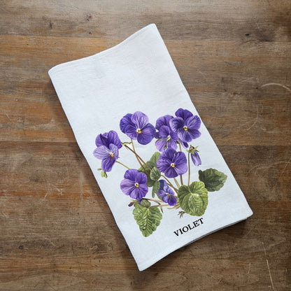 violet floral Tea Towel in linen, Botanical Hand Towels Tea in linen, purple flowers linen  Dish Towel  Kitchen Décor Tea Towel in linen