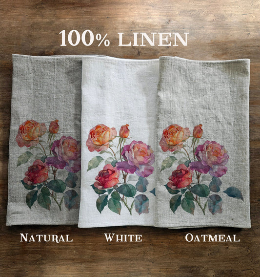 Roses Floral Tea Towel in linen, Hand Towels Tea with roses, Farmhouse Floral Dish Towel, Botanical Kitchen Décor Floral Kitchen Tea Towel