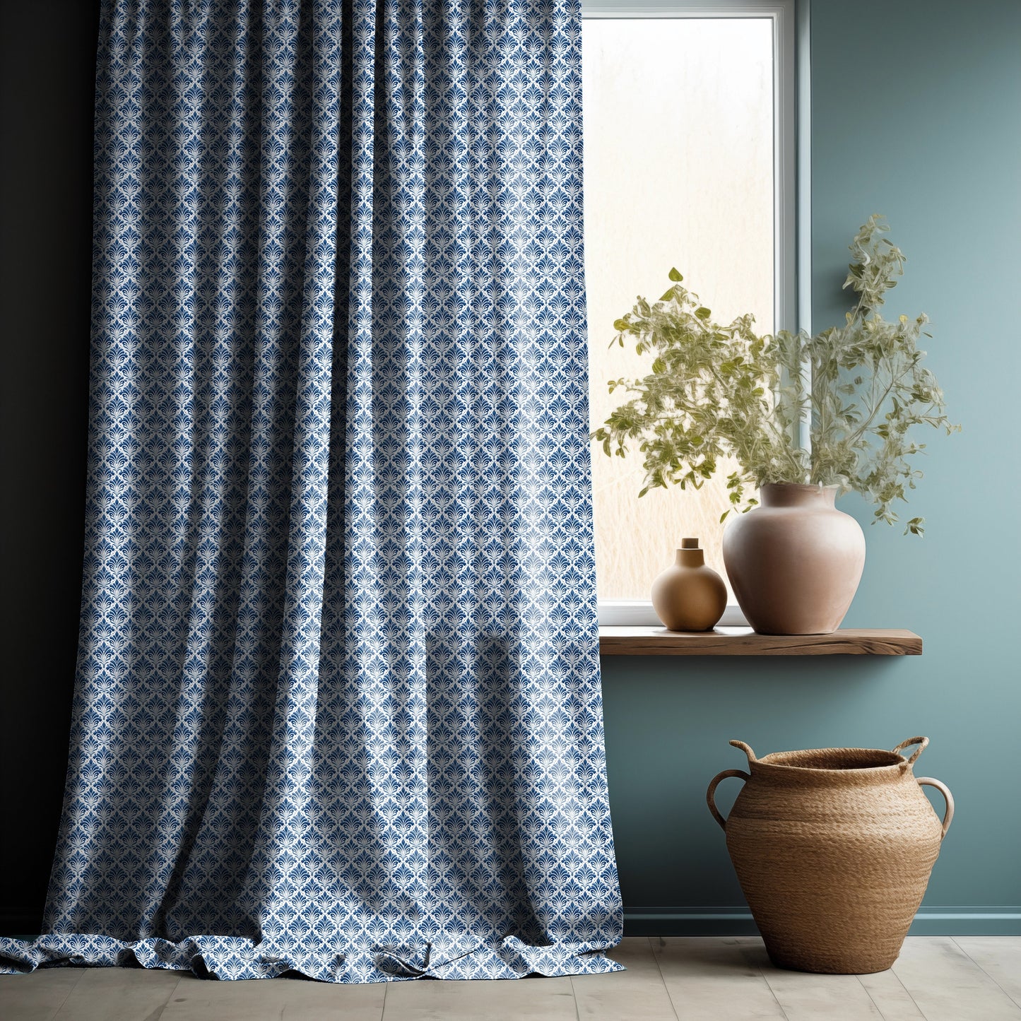 French linen Curtain Panels with blue floral print, Curtains for living room or bedroom, block print linen curtains