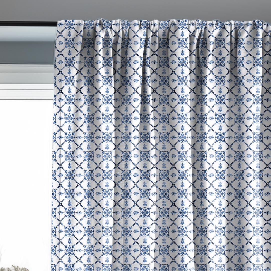 Curtains 100% Linen with Swedish tile print blue white pattern  PREWASHED - kitchen Living room farmhouse linen window panel
