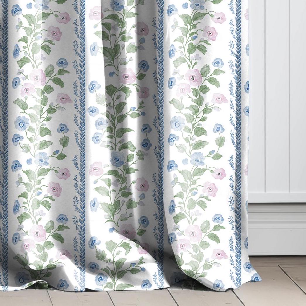 Curtains 100% Linen with floral stripe preppy pink green white print PREWASHED - kitchen Living room farmhouse linen window panel heritage