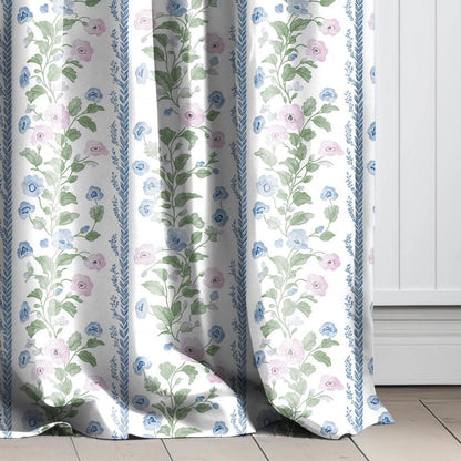 Curtains 100% Linen with floral stripe preppy pink green white print PREWASHED - kitchen Living room farmhouse linen window panel heritage