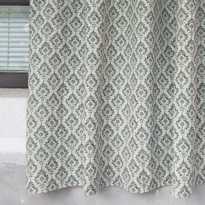 Gardiner 100 % linne med grönt blocktryck FÖRTVÄTTAT. Gardiner för kök, vardagsrum, lantlig stil. Blommig linnepanel för sovrum.