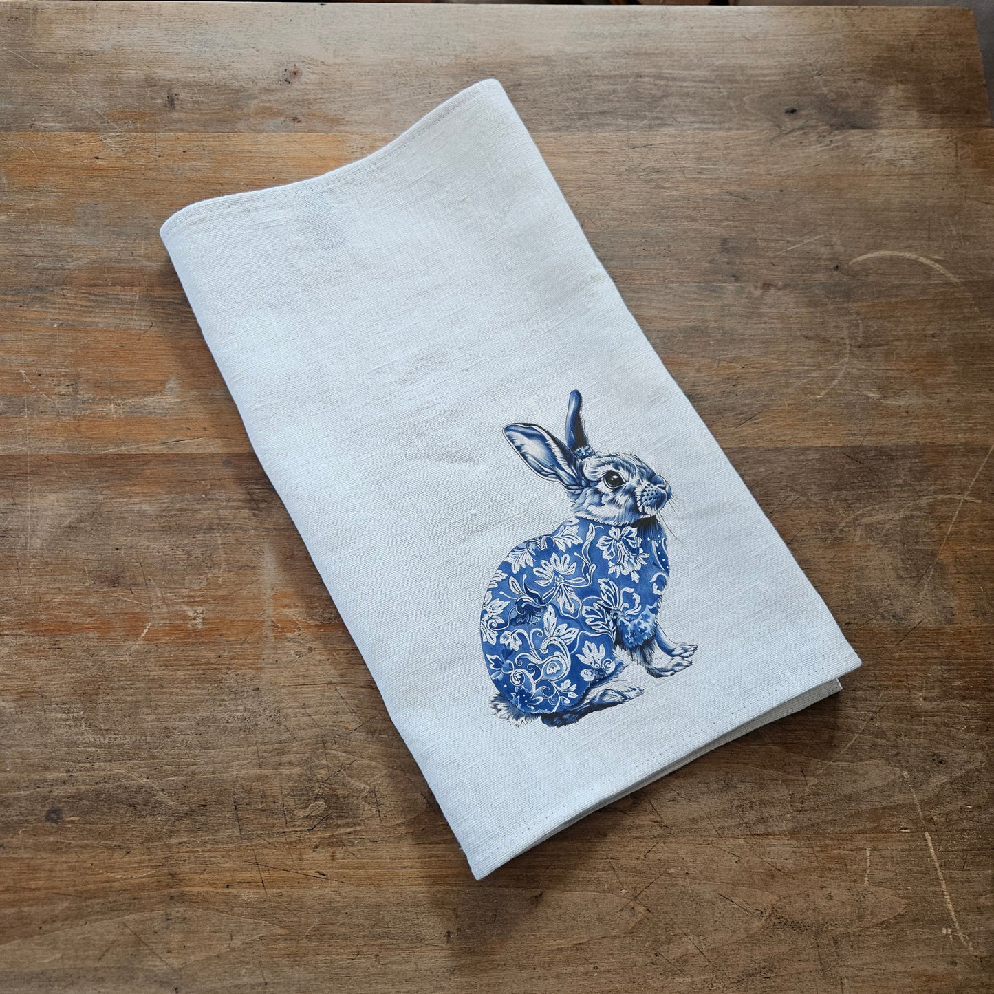 Bunny Floral Tea Towel in linen, Blue rabbit Hand Towels Tea, Farmhouse Floral Dish Towel,  Kitchen Décor Eastern Kitchen Tea Towel