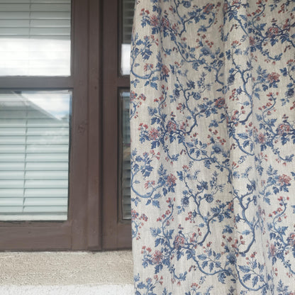 Curtains 100% Linen with botanical red blue toile de jouy print PREWASHED. kitchen Living room farmhouse linen window panel