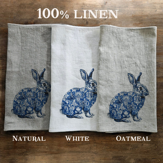 Bunny Kitchen Towel, Blue and White Chinoiserie Rabbits Tea Towel, Chinoiserie Easter Decor, Happy Easter Rabbits