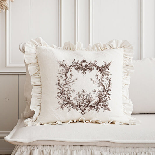 Shabby Floral Ruffle Linen Pillow Cover, French Provence Neutral Beige Cushion, French Antiques Harmhouse Cottage Chic Swedish