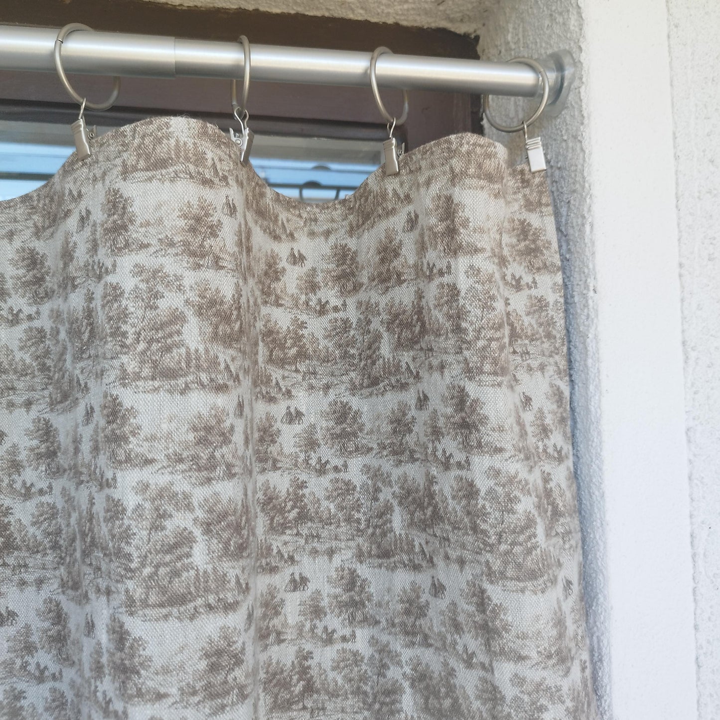 Curtains 100% Linen with brown toile de jouy print PREWASHED. kitchen Living room farmhouse linen window panel