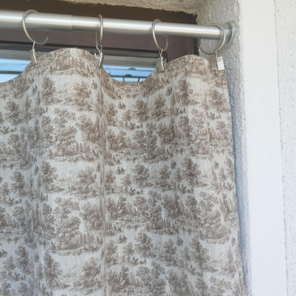 Curtains 100% Linen with brown toile de jouy print PREWASHED. kitchen Living room farmhouse linen window panel