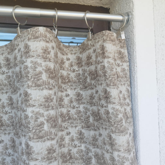 Curtains 100% Linen with brown toile de jouy print PREWASHED. kitchen Living room farmhouse linen window panel