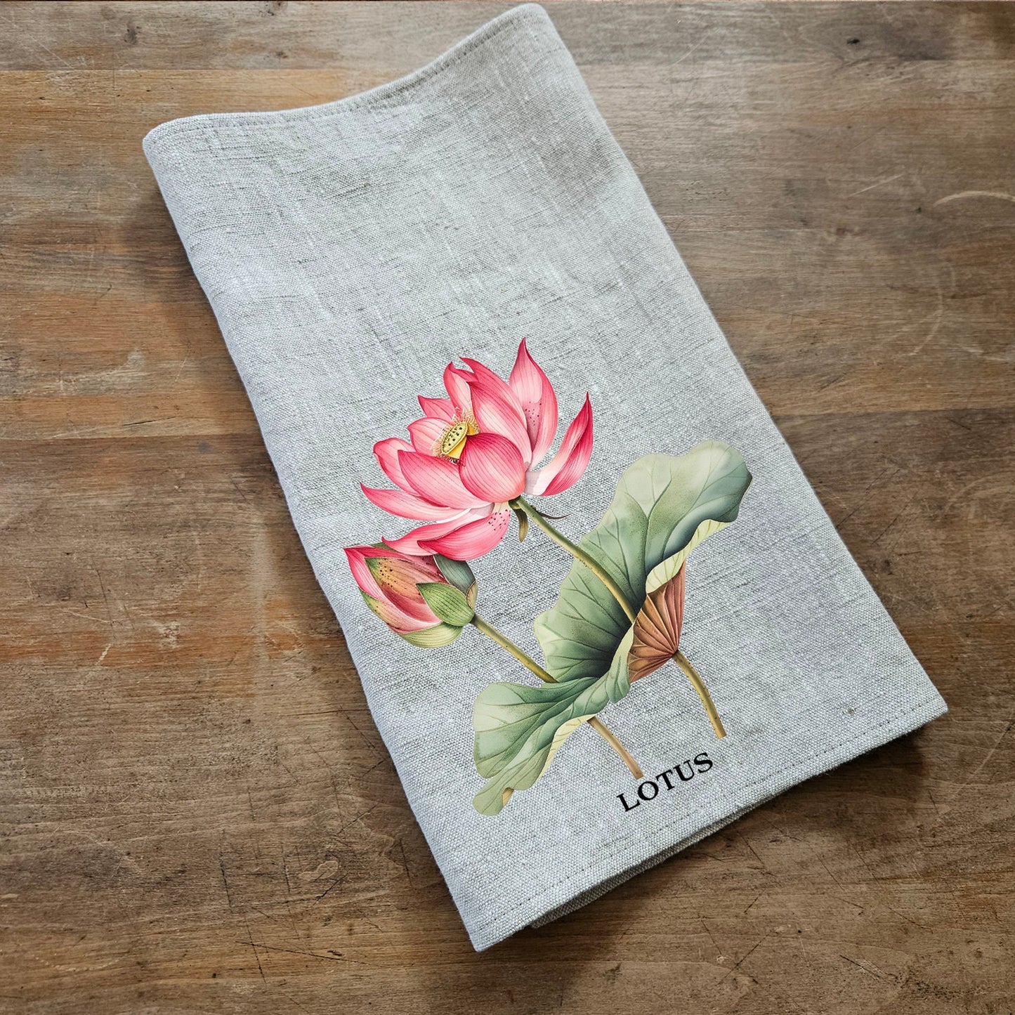Lotus floral Tea Towel in linen, Botanical Hand Towels Tea in linen, pink flowers linen  Dish Towel  Kitchen Décor Tea Towel in linen