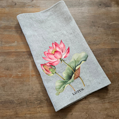 Lotus floral Tea Towel in linen, Botanical Hand Towels Tea in linen, pink flowers linen  Dish Towel  Kitchen Décor Tea Towel in linen