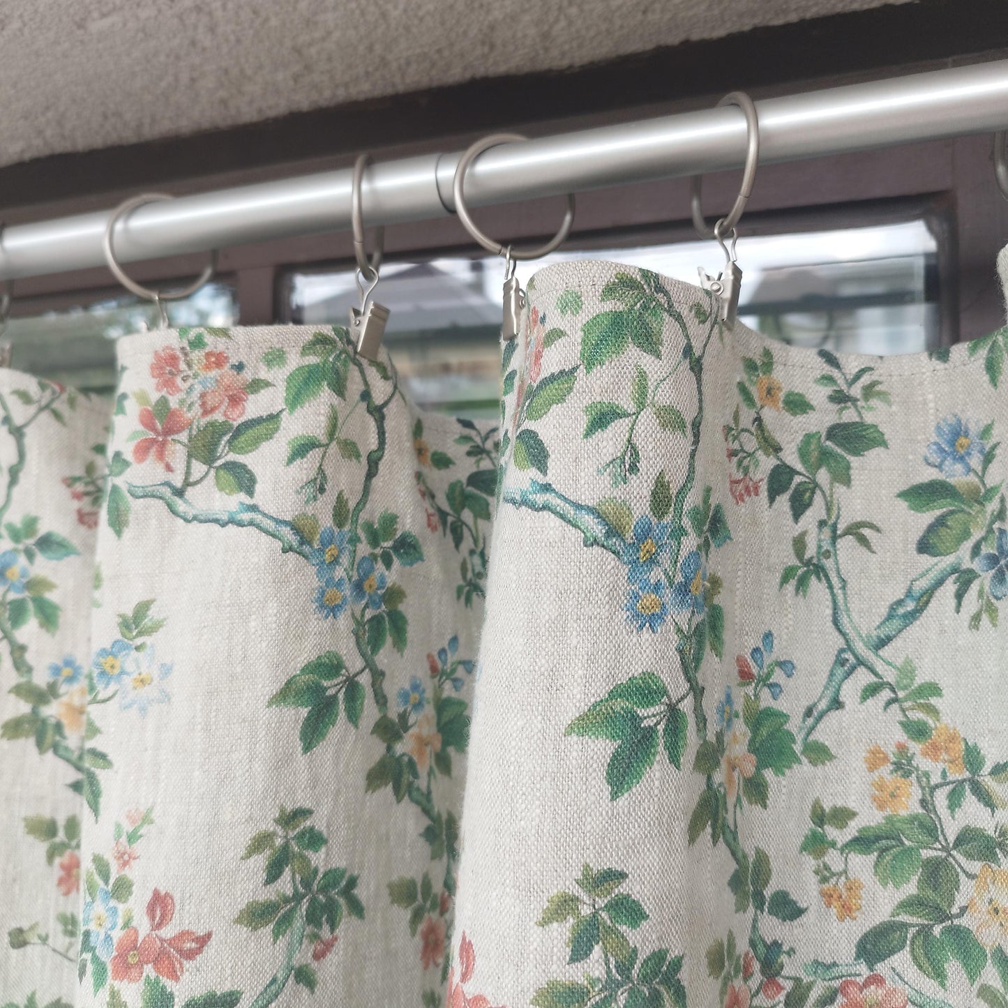 Curtains 100% Linen with botanical red green toile de jouy print PREWASHED. kitchen Living room farmhouse linen window panel