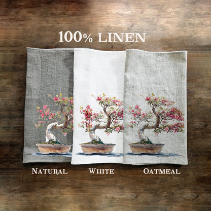 Japanese Tea Towel in linen Bonsai, Greenery white Hand Towels Tea, Farmhouse Dish Towel,  Kitchen Décor Tea Towel
