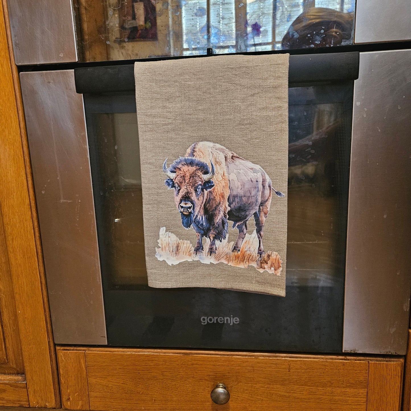 Buffalo Tea Towel in linen, Bison hand Towels Tea in linen,  pets Dish Towel  Kitchen Décor Tea Towel in linen