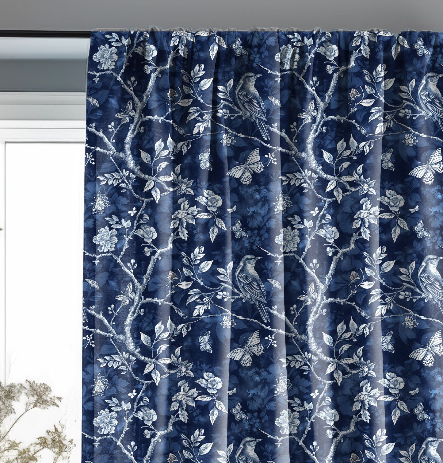 Designer blue Floral Linen curtains, indigo blue French Toile de joy curtain panel, Farmhouse Botanical printed curtains for living room