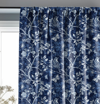 Designer blue Floral Linen curtains, indigo blue French Toile de joy curtain panel, Farmhouse Botanical printed curtains for living room