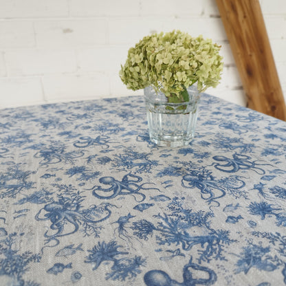 Linen foral tablecloth Blue Coastal with octopus print, French Retro Vintage table cloth Bohemian Blue on natural linen