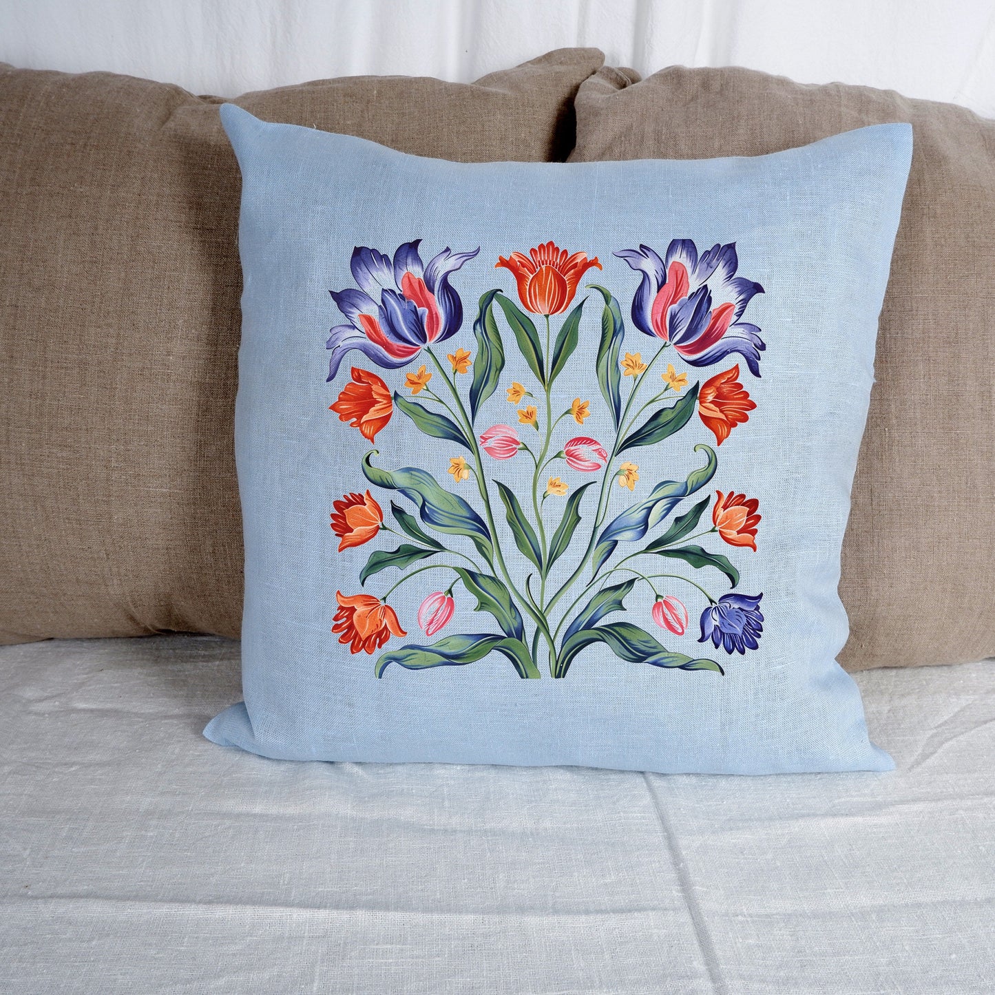 SALE LINEN Cushion cover with tulips print , decorative linen pillow cover with folk art print , Floral Housewarming Gift