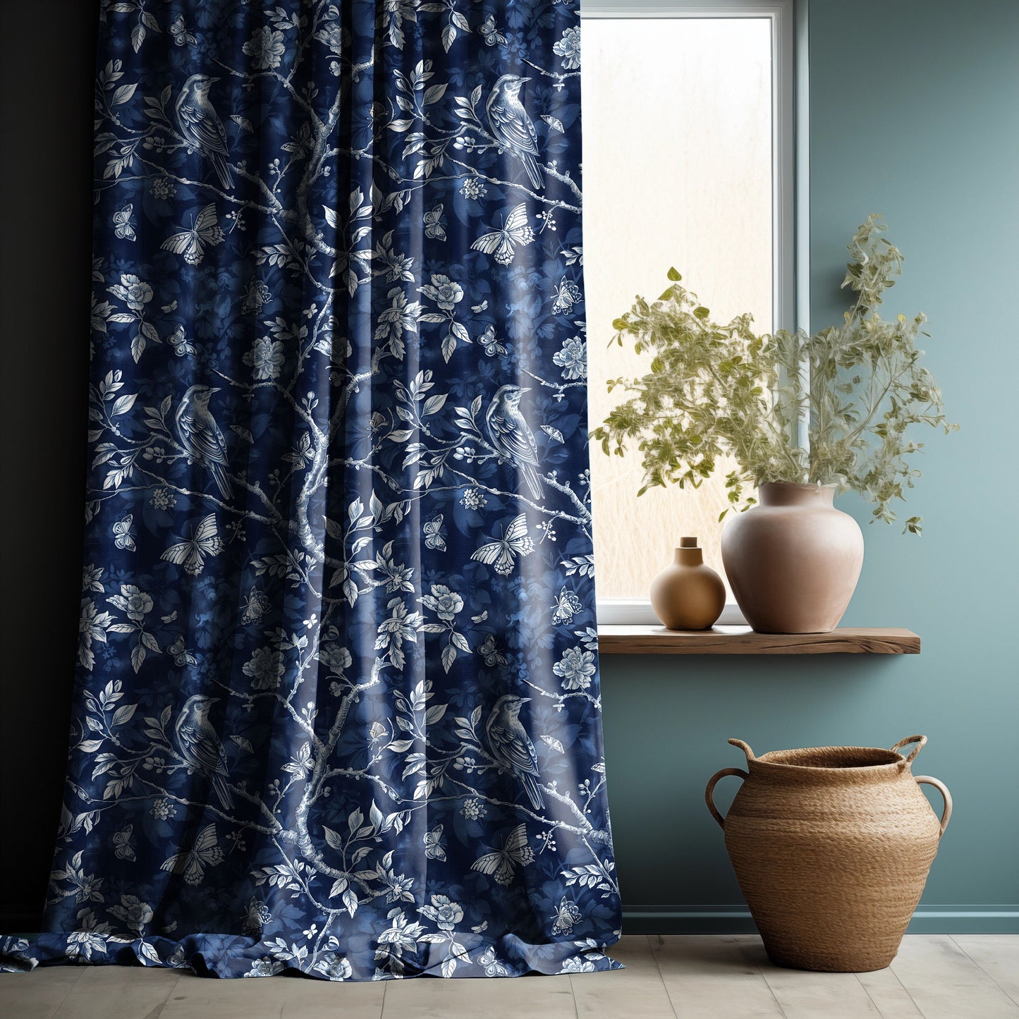 Designer blue Floral Linen curtains, indigo blue French Toile de joy curtain panel, Farmhouse Botanical printed curtains for living room