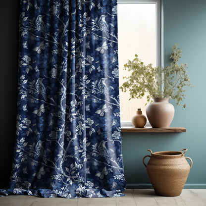Designer blue Floral Linen curtains, indigo blue French Toile de joy curtain panel, Farmhouse Botanical printed curtains for living room