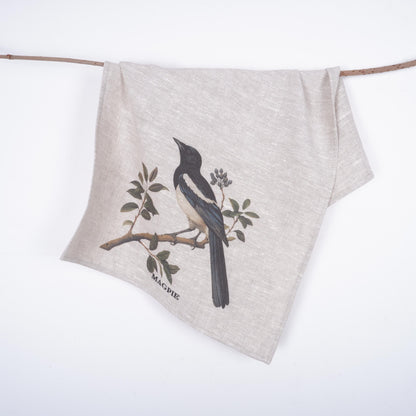 Magpie bird Tea Towel in linen, hand Towels Tea in linen, bird Dish Towel  Kitchen Décor Tea Towel in linen
