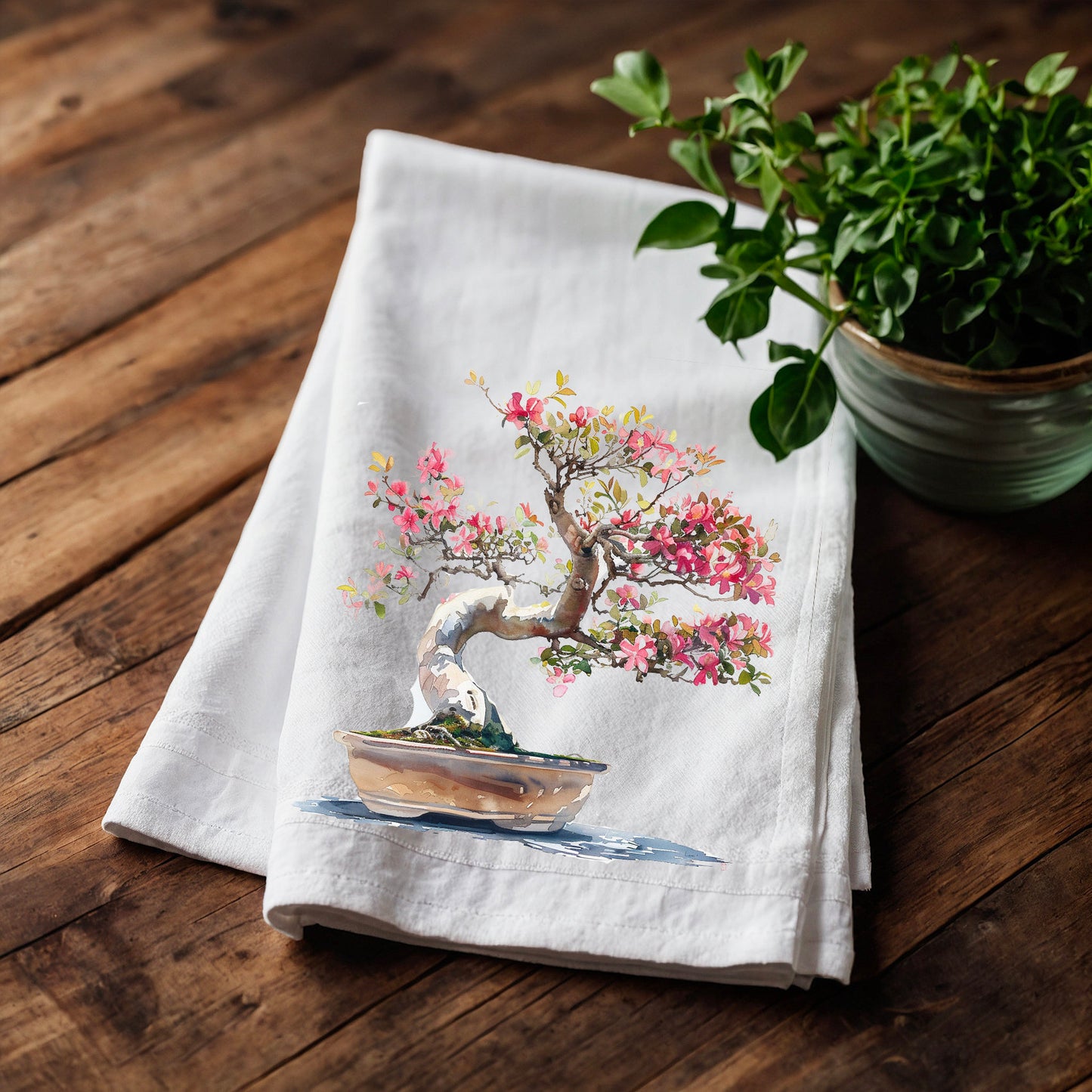 Japanese Tea Towel in linen Bonsai, Greenery white Hand Towels Tea, Farmhouse Dish Towel,  Kitchen Décor Tea Towel