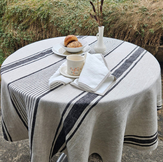 100% Linen Tablecloth in french Provance striped linen for Round  table,  Table cloth  in Natural Linen in custom size
