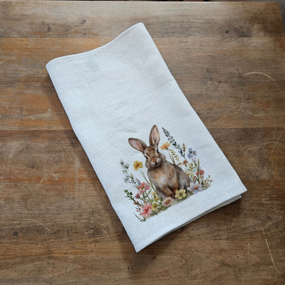 Bunny Floral Tea Towel in linen - rabbit with four clover Hand Towels Tea - Farmhouse Floral Dish Towel - Easter Décor Kitchen Tea Towel