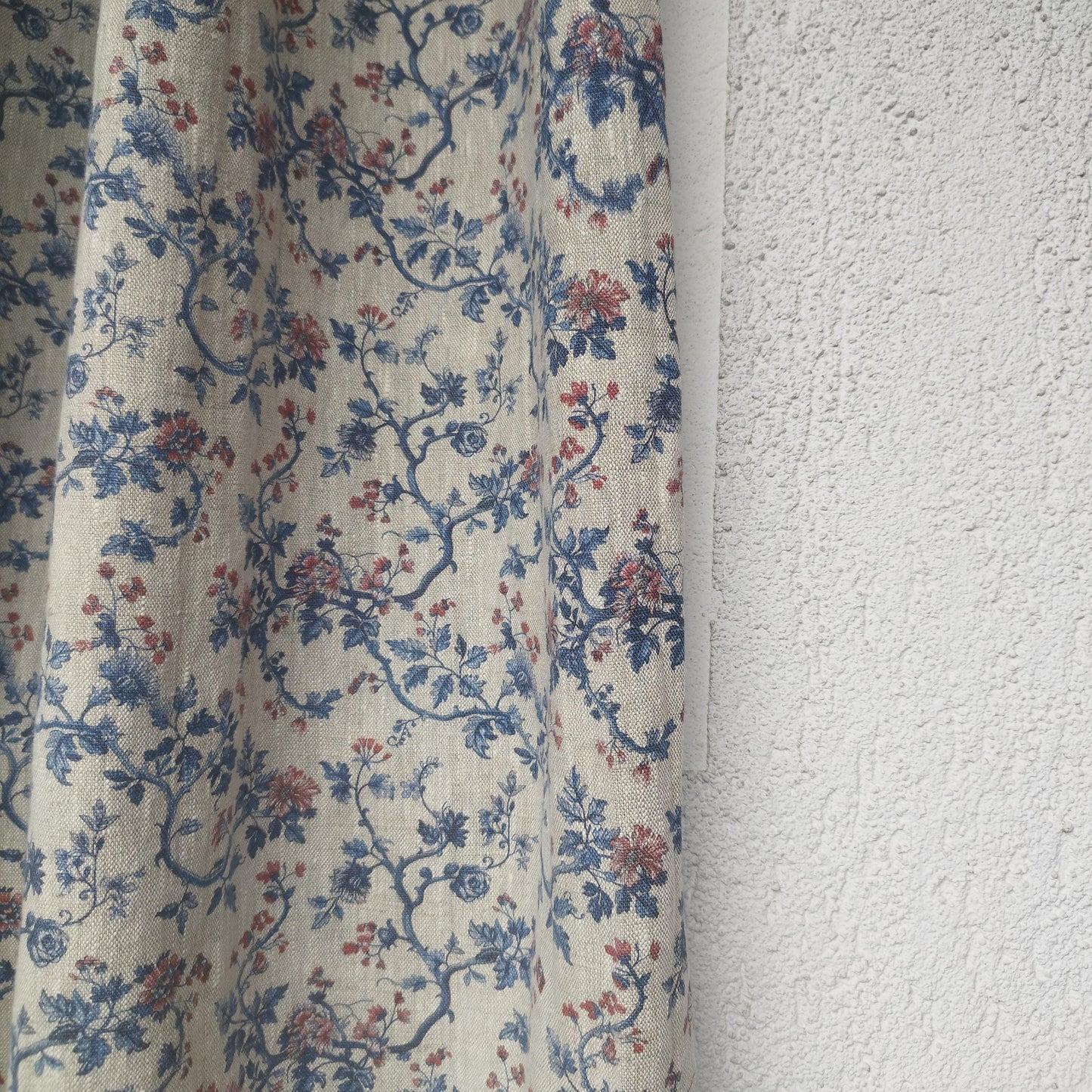 Curtains 100% Linen with botanical red blue toile de jouy print PREWASHED. kitchen Living room farmhouse linen window panel