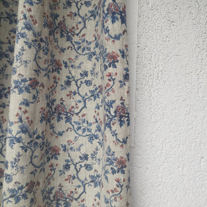 Curtains 100% Linen with botanical red blue toile de jouy print PREWASHED. kitchen Living room farmhouse linen window panel