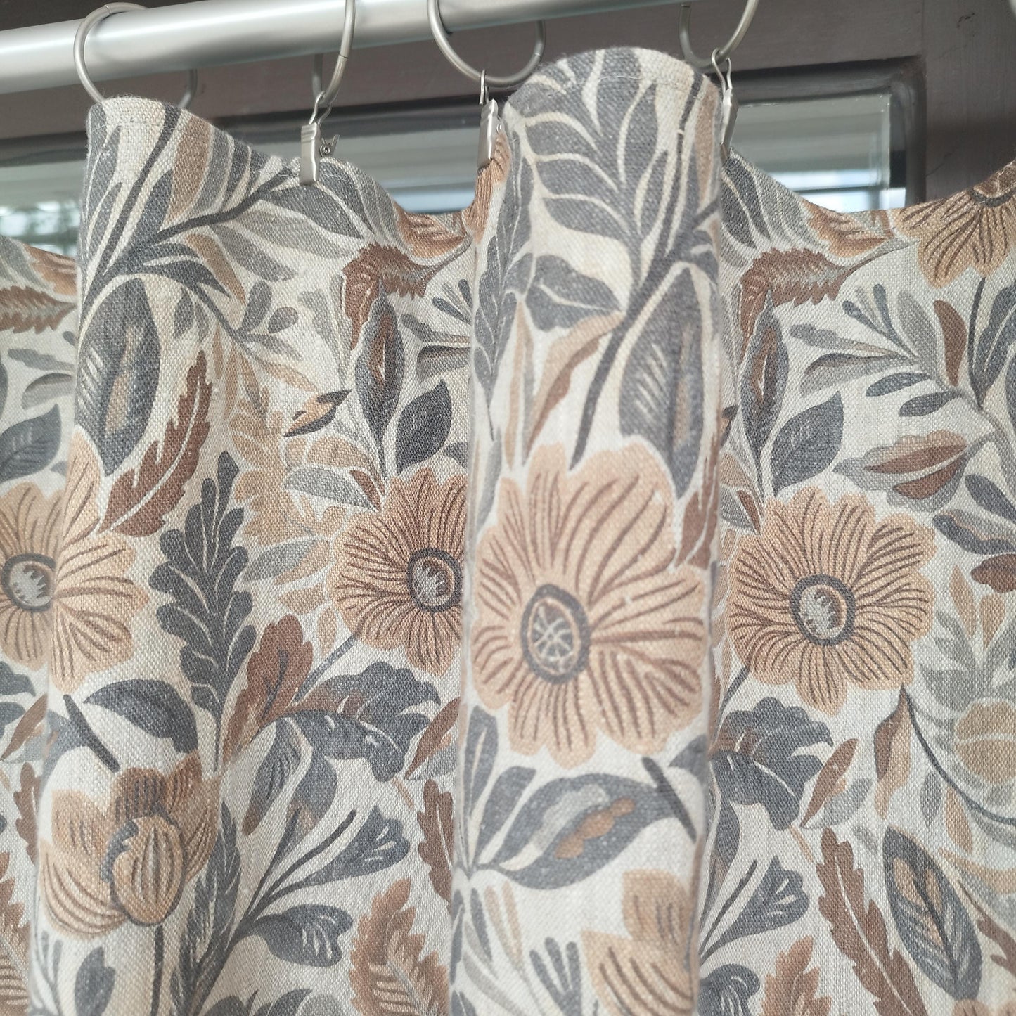 Curtains 100% Linen with botanical brown print PREWASHED. Japandi kitchen Living room linen window panel