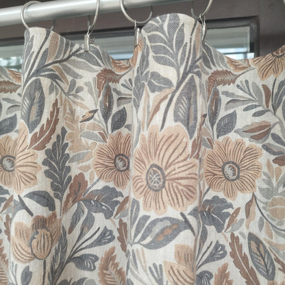 Curtains 100% Linen with botanical brown print PREWASHED. Japandi kitchen Living room linen window panel