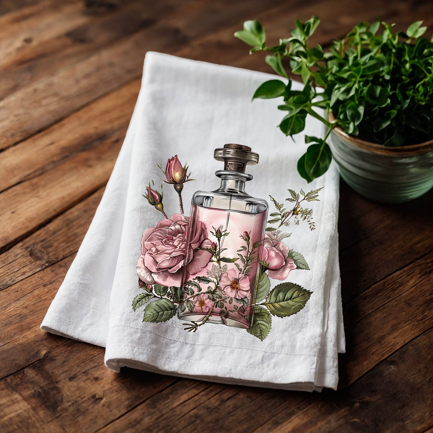 Pink Parfum Tea Towel in linen, floral roses Hand Towels Tea, black Frech Dish Towel, botanical parfum Kitchen Décor Tea Towel