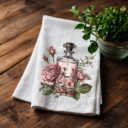 Pink Parfum Tea Towel in linen, floral roses Hand Towels Tea, black Frech Dish Towel, botanical parfum Kitchen Décor Tea Towel