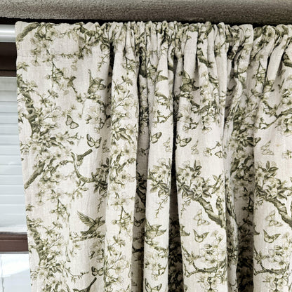 Curtains 100% Linen with French block print green toile de jouy pattern PREWASHED - kitchen Living room farmhouse window panel french linen