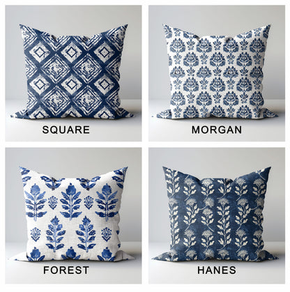 Modern indigo linen Floral Pillow Cover, white blue Boho Pillow block print on linen, Coutrynome block printed pillow case in European flax