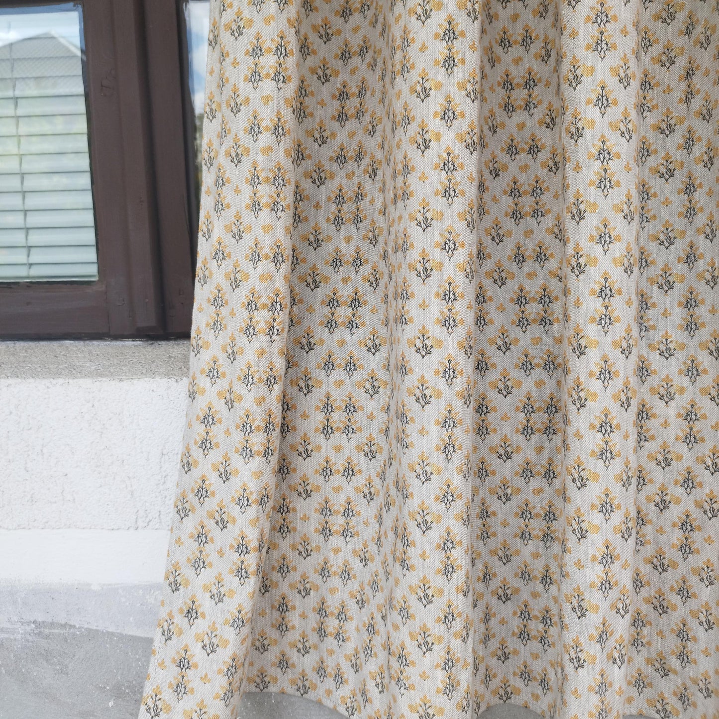 Curtains 100% Linen with indian block print yellow pattern PREWASHED. kitchen Living room farmhouse linen window panel