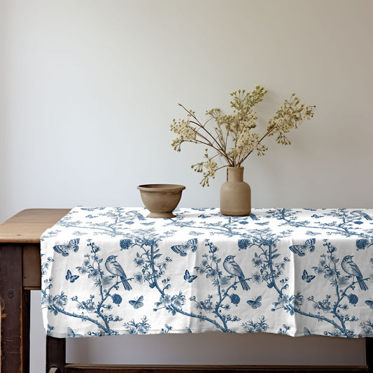 Designer blue Floral Linen tablecloth Toile de jouy blue white