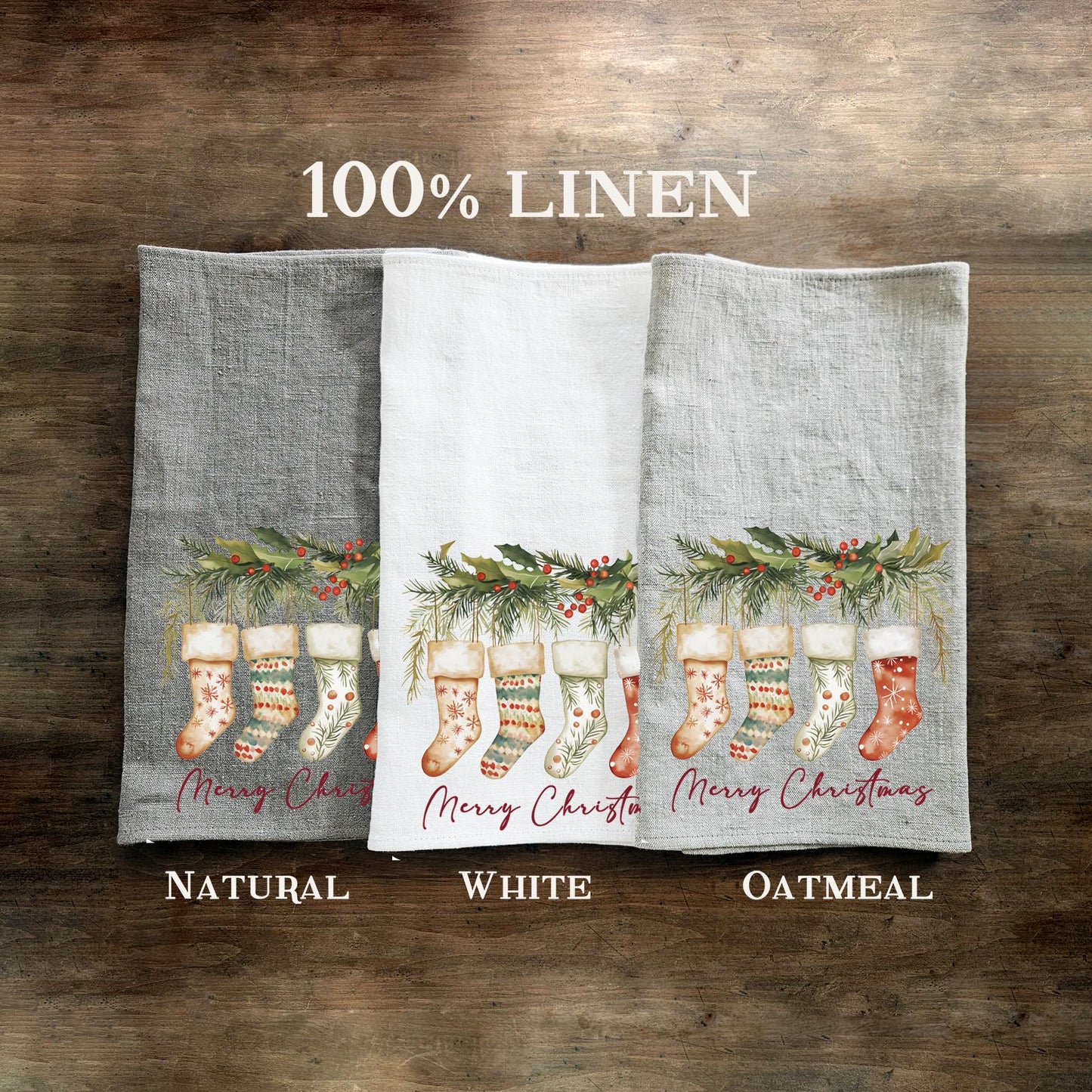 Christmas socks Tea Towel in linen, Holiday decor hand Towels Tea in linen, Merry Christmas Dish Towel Kitchen Décor Tea Towel in linen