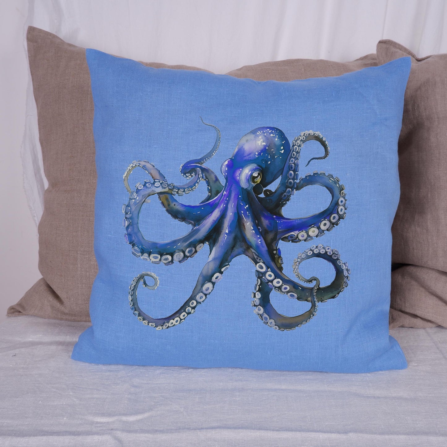 LINEN Cushion cover with Octopus print / Marine decorative linen pillow cover / Coastal marine decor Cushion Housewarming Gift