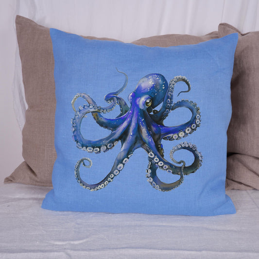 LINEN Cushion cover with Octopus print / Marine decorative linen pillow cover / Coastal marine decor Cushion Housewarming Gift