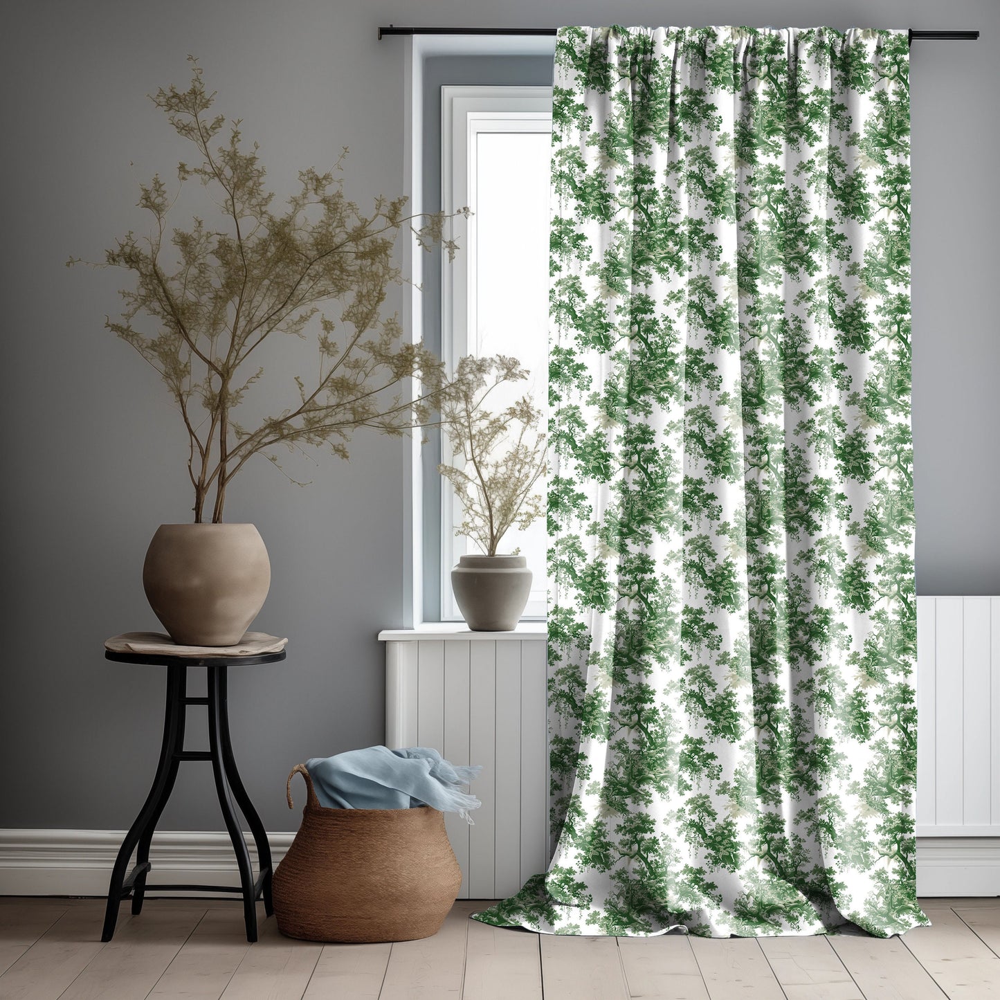 Designer blue Floral Linen curtains, indigo blue French Toile de joy curtain panel, Farmhouse Botanical printed curtains for living room