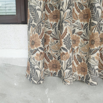 Curtains 100% Linen with botanical brown print PREWASHED. Japandi kitchen Living room linen window panel
