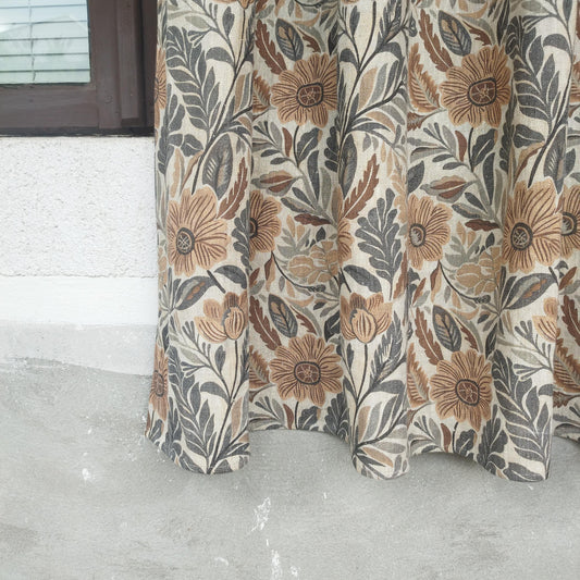 Curtains 100% Linen with botanical brown print PREWASHED. Japandi kitchen Living room linen window panel