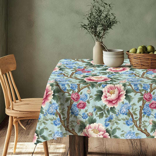 100% Linen tablecloth Chinoiserie peony print - blue floral PREWASHED French table cloth rustic rectangle square oval