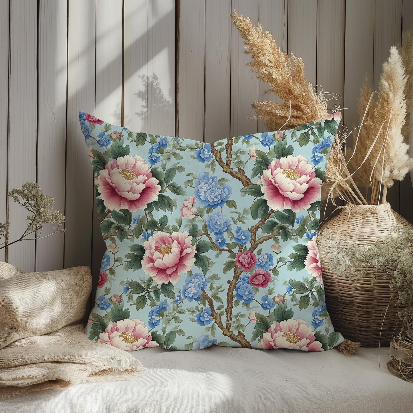 Designer Chinoiserie blue Floral on Linen Pillow Cover -  Floral peony Boho Pillow - Farmhouse Floral Block printed pillow on flax