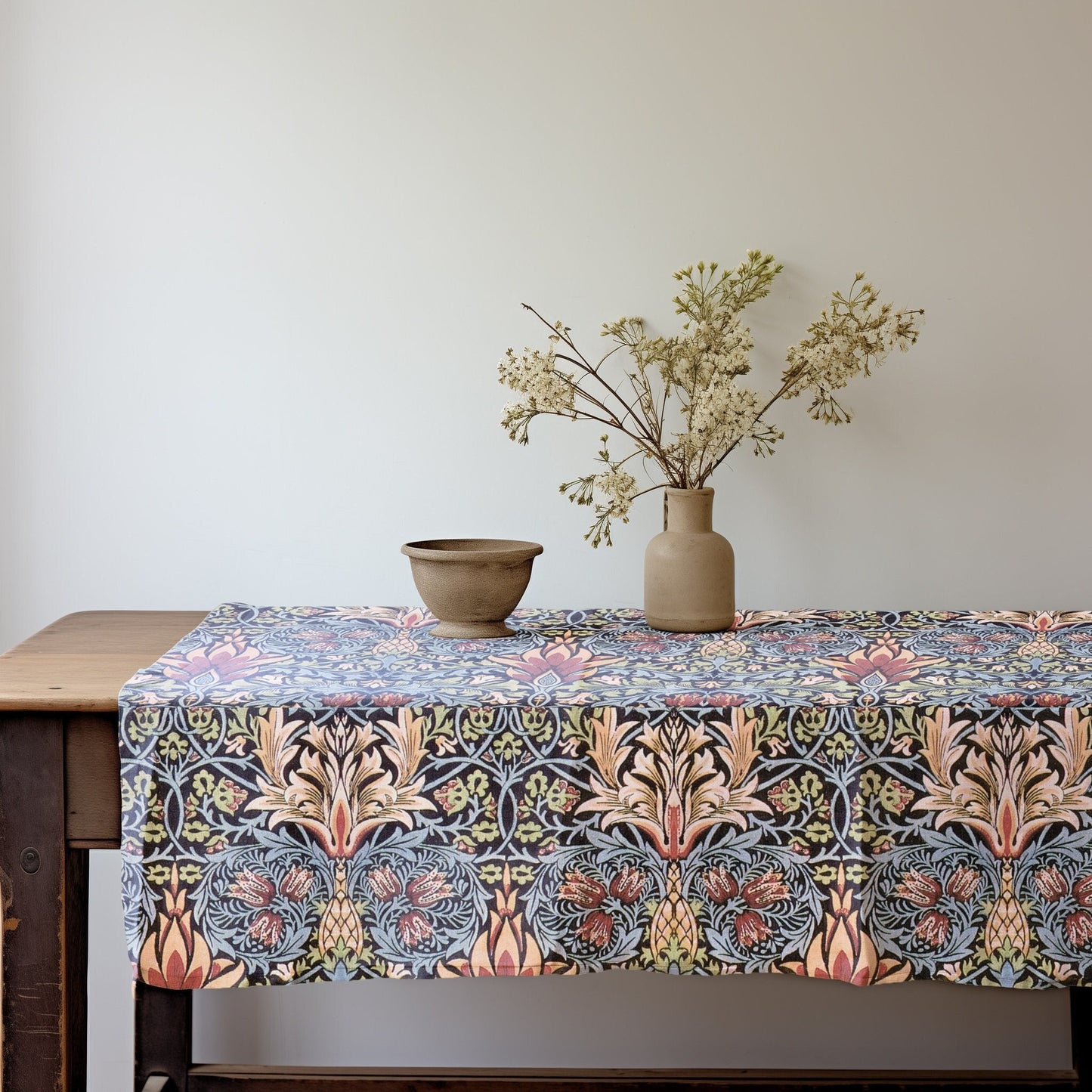 linen tablecloth with William Morris print Snakeshead