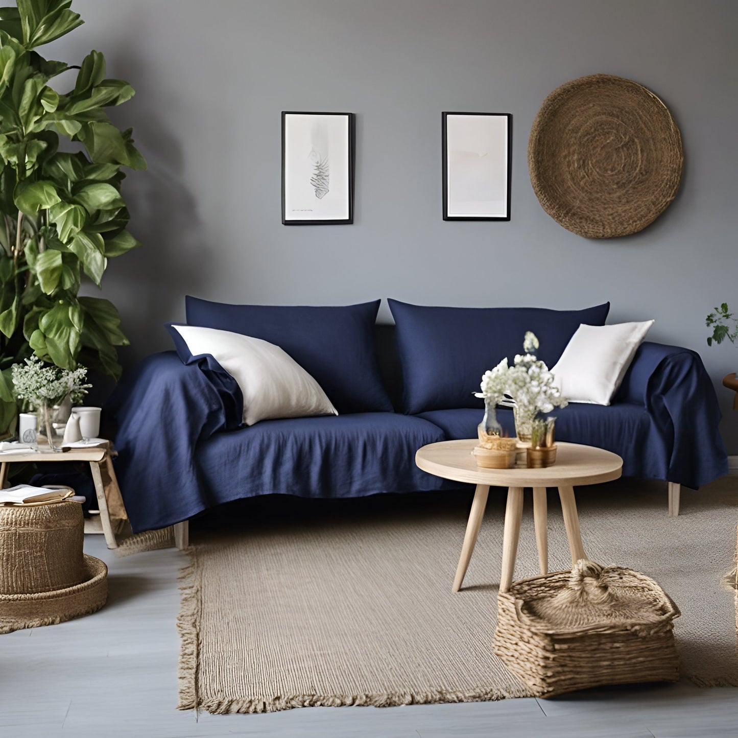 Linen Couch Cover Extra Large, Linen couch throw in custom size,  Natural sofa cover, Sectional Big bed cover, Sofa slip cover throw navy
